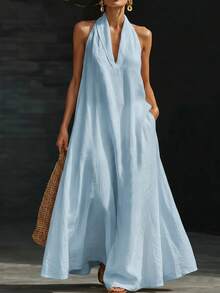 Women's Solid Casual Dress Summer 2026, Elegant Loose V-Neck Mini Midi Dress For Everyday Wear - 粉色 - 查看 1