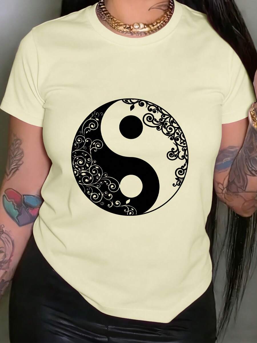 New Fashionable Women's Round Neck T-Shirt, Women's Tai Chi Chinese Martial Arts T-Shirt - Casual Short Sleeve Top With Tai Chi Print, Not Compatible With Blouses, For Tai Chi Practice And Casual Wear, Machine Washable, Spring Summer Clothes, Versatile Design Ready For Summer. - 杏色 - 查看 1