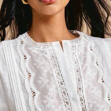 Blusa bordada de manga larga, blusa blanca sólida con parche de encaje, botones delanteros, elegante blusa de manga larga para otoño e invierno, para mujeres, para ir a la escuela, conciertos de country, salir, bodas, trabajo, casual y linda para mujeres - Azul marino - Ver 7