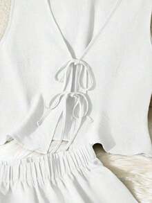 Set de 2 piezas de conjunto informal de mujer de unicolor con nudo, elegante para primavera/verano - Blanco - Ver 3