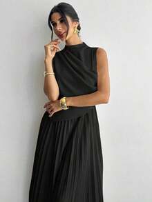 Vestido de línea A con cuello de swing sin mangas y volantes, falda paraguas, para volver al colegio, ropa escolar, fiesta, estilo de mujer de dinero antiguo, atuendos para salir, atuendos de fiesta para mujer, atuendos de oficina para mujer, fald - Negro - Ver 4