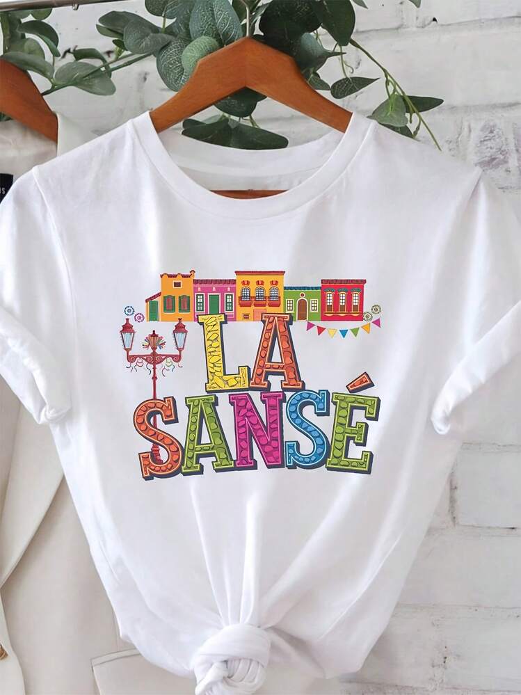 Plus Size - Plus Size - Latin Carnival With The Phrase "LA SANSE" In Spanish, Combined With Colorful Mexican Architecture, With Prints On Casual And Modern Plus Size Women's Crew Neck T-Shirts For Spring And Summer, Festive And Lively - 白色 - 查看 1
