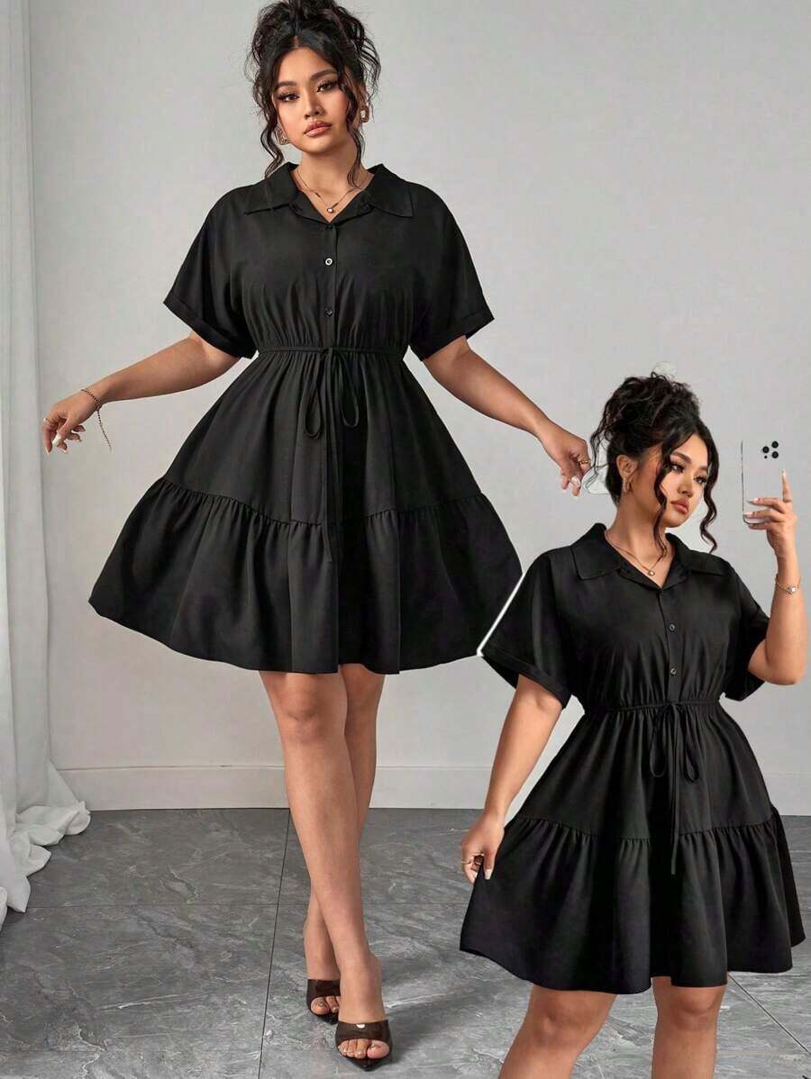 Vestido informal de estilo camisa de talla grande con detalles ricos - Negro - Ver 1