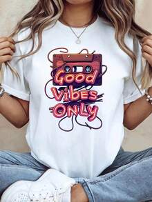 Nuevo modelo 2026,% algodón, adecuado para primavera y verano, corte holgado, ropa casual, diseño moderno, material duradero, camiseta de mujer de primavera-verano con estampado de alta calidad. Perfecta para vacaciones en la playa, viajes a la playa, campamentos de verano, ropa casual, reuniones temáticas de vacaciones, camisetas de manga corta adecuadas para el uso diario. - Blanco - Ver 1
