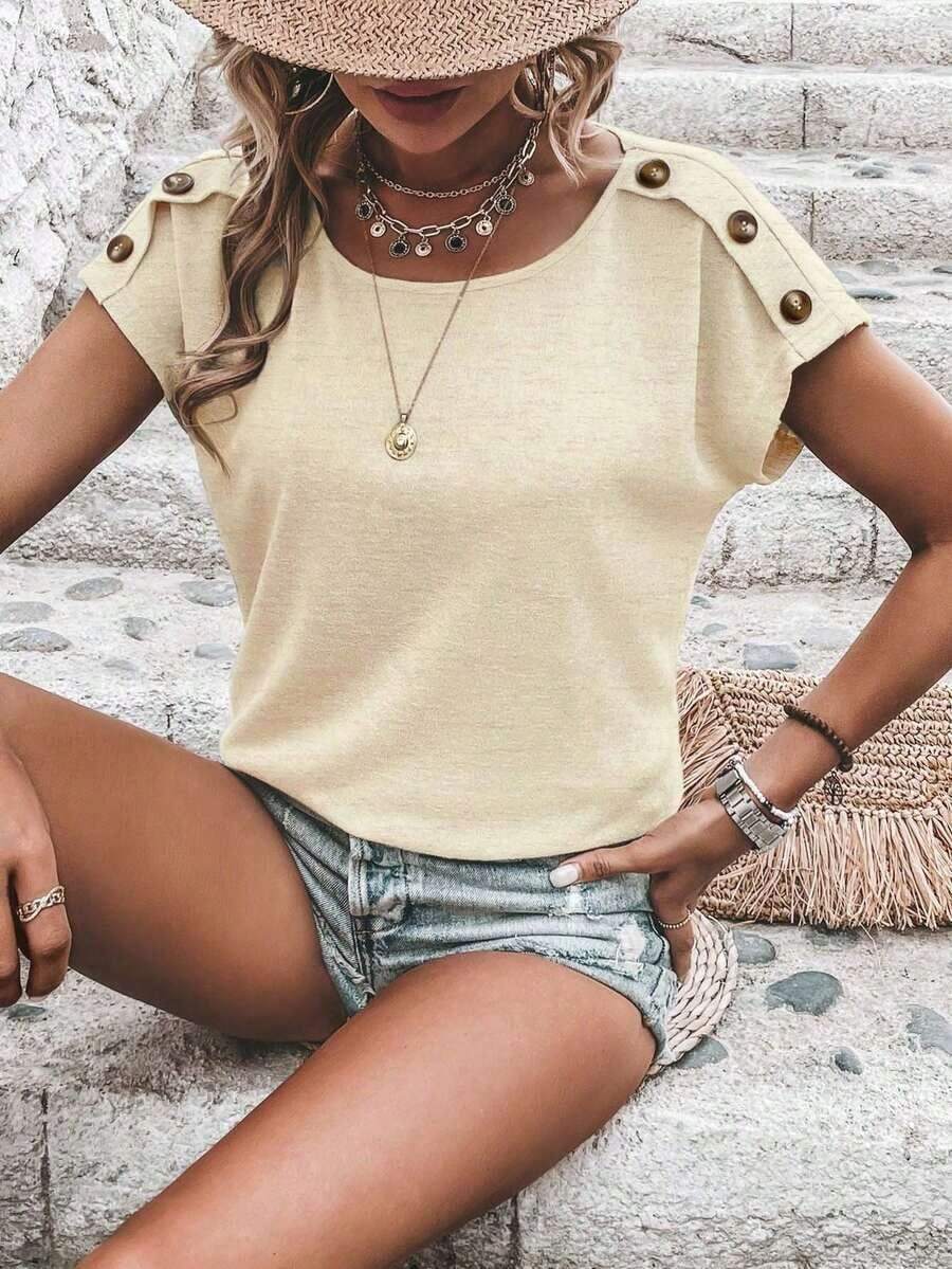 Camiseta de manga corta de unicolor, casual y versátil para uso diario - Beis - Ver 1
