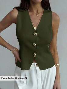 elegante de mujer de unicolor con cuello en V sin mangas, decorado con botones metálicos, para verano, vacaciones en la playa, estilo boho tropical, tops de verano minimalistas, casuales de oficina, de salida elegante, para la escuela en ot - Verde militar - Ver 8