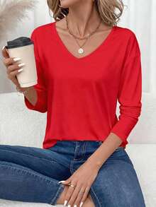 Camiseta de manga larga con cuello en V regular y estilo minimalista casual, adecuada para otoño/invierno - Rojo - Ver 6