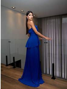 Long Strapless Chiffon Party Dress Without Glitter For Bridesmaids At A Daytime Wedding. - 寶藍色 - 查看 2