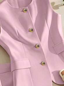 Conjunto casual de 2 piezas de chaleco de un solo pecho de unicolor y shorts plisados para mujer - Rosa - Ver 3