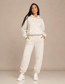 Women's Sweatshirt And Jogger Pants Set - Plain Old Money Style - Basic Chic Everyday Wear - Cream - View 3