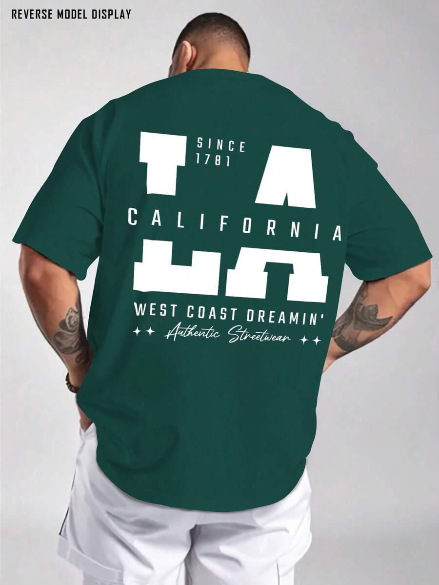 Camiseta Casual de Moda para Hombre - 100%, Corte Regular, Manga Corta, Cuello Redondo, Estampado California LA West Coast Estilo Urbano Americano, Diseño de Estampado de Moda de , Perfecta para Streetwear o Estilo Diario, O Como Regalo - Verde Oscuro - Ver 1