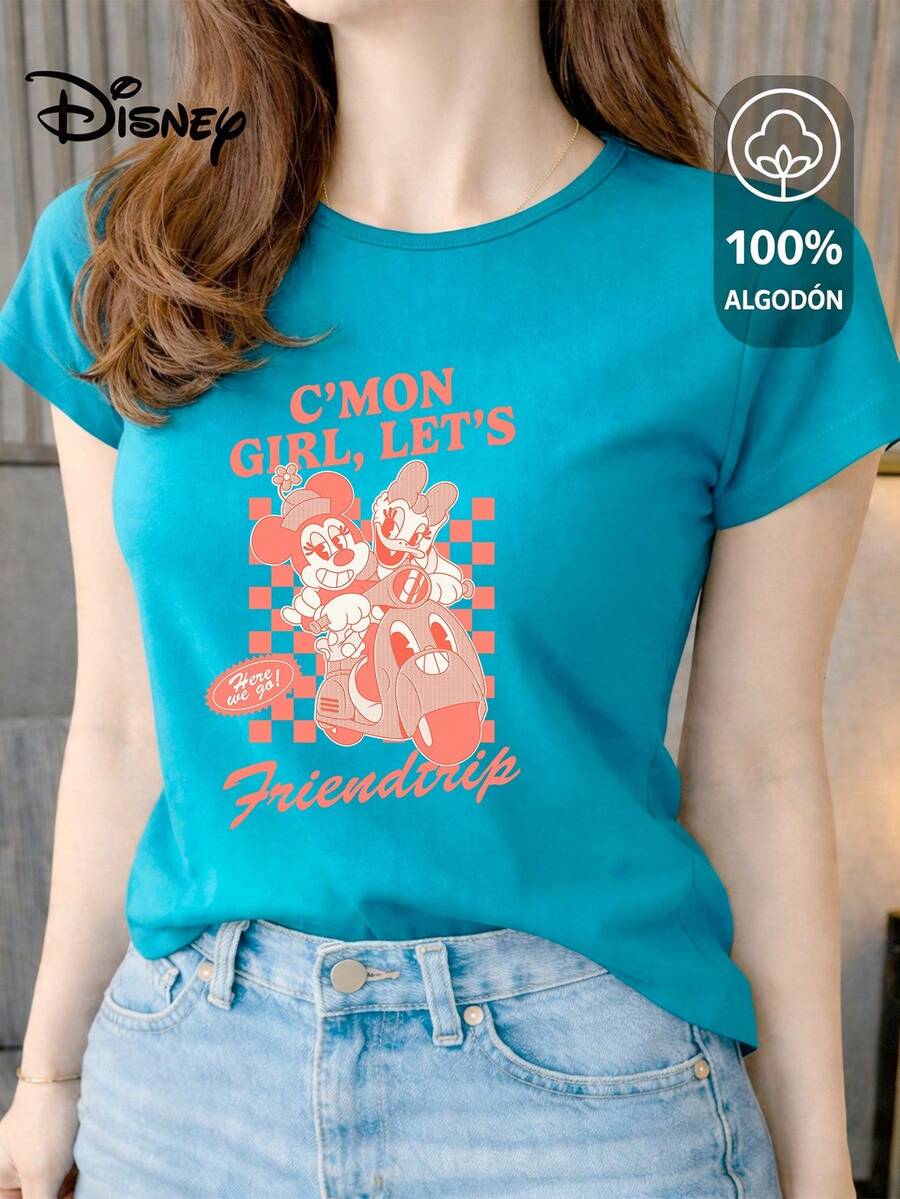 Women's T-Shirt Made Of 100% High-Quality Cotton. This T-Shirt Guarantees Exceptional Softness To The Touch, A Round Neck With A "Disney Minnie & Daisy Friendtrip" Print, And Short Sleeves. - 綠松石 - 查看 1