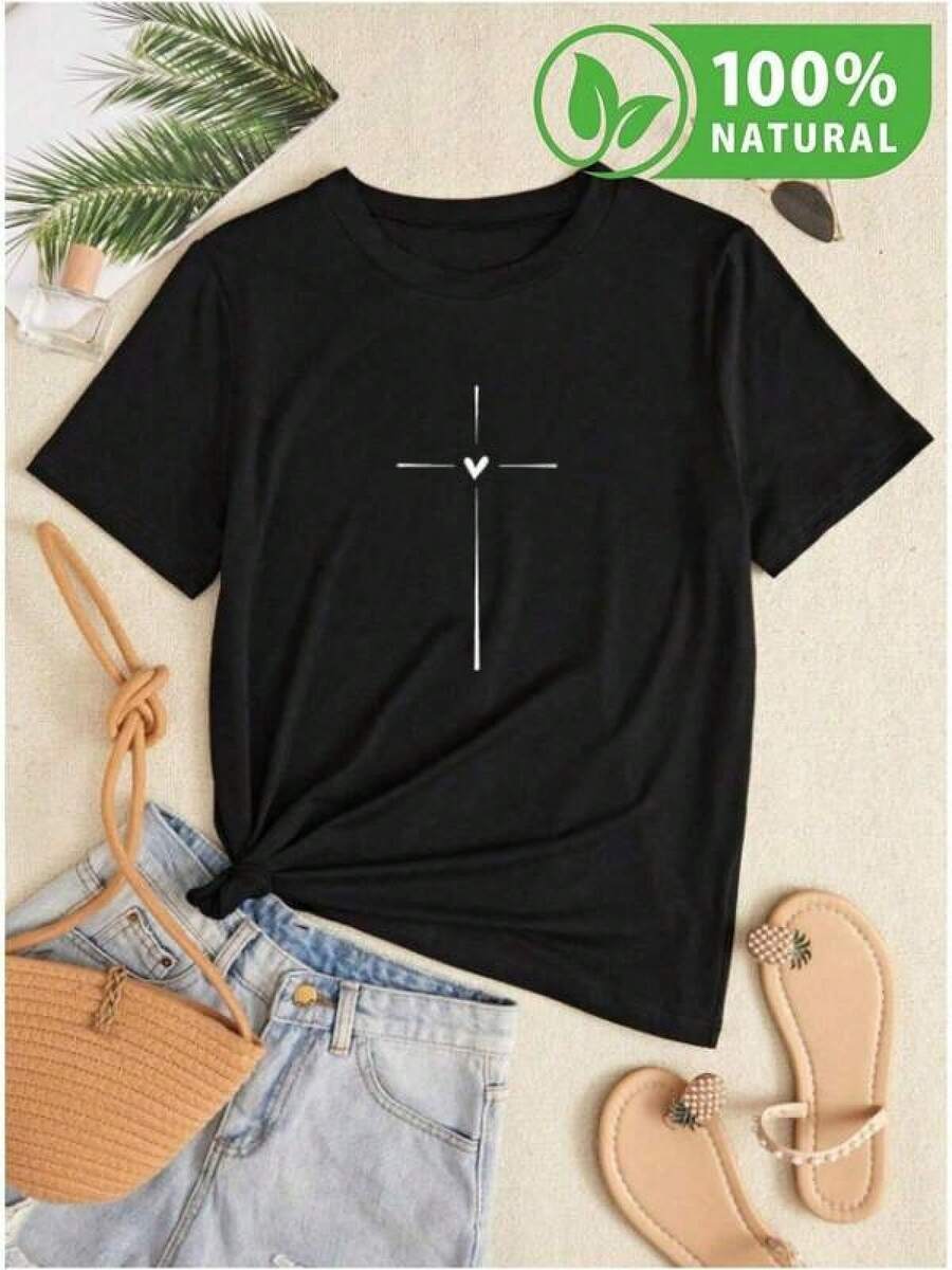 Camisetas para mujer cuello redondo ligera y resistente S-3XL, moda streetwear para jóvenes, estilo urbano, uso informal, atuendo diario, fiestas de otoño y regalos prácticos - Negro - Ver 1