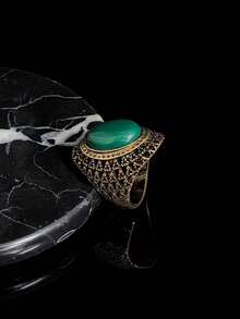 1pc Vintage Oval Green Gemstone Gold Tone Alloy Hollow Exaggerated Ring, Women's Retro Style Finger Jewelry - Gold Ring - View 4