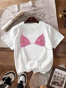 Women's Short-Sleeve T-Shirt With White And Pink Bikini Graphic Print, Casual Round Neck T-Shirt For Summer - 白色 - 查看 11