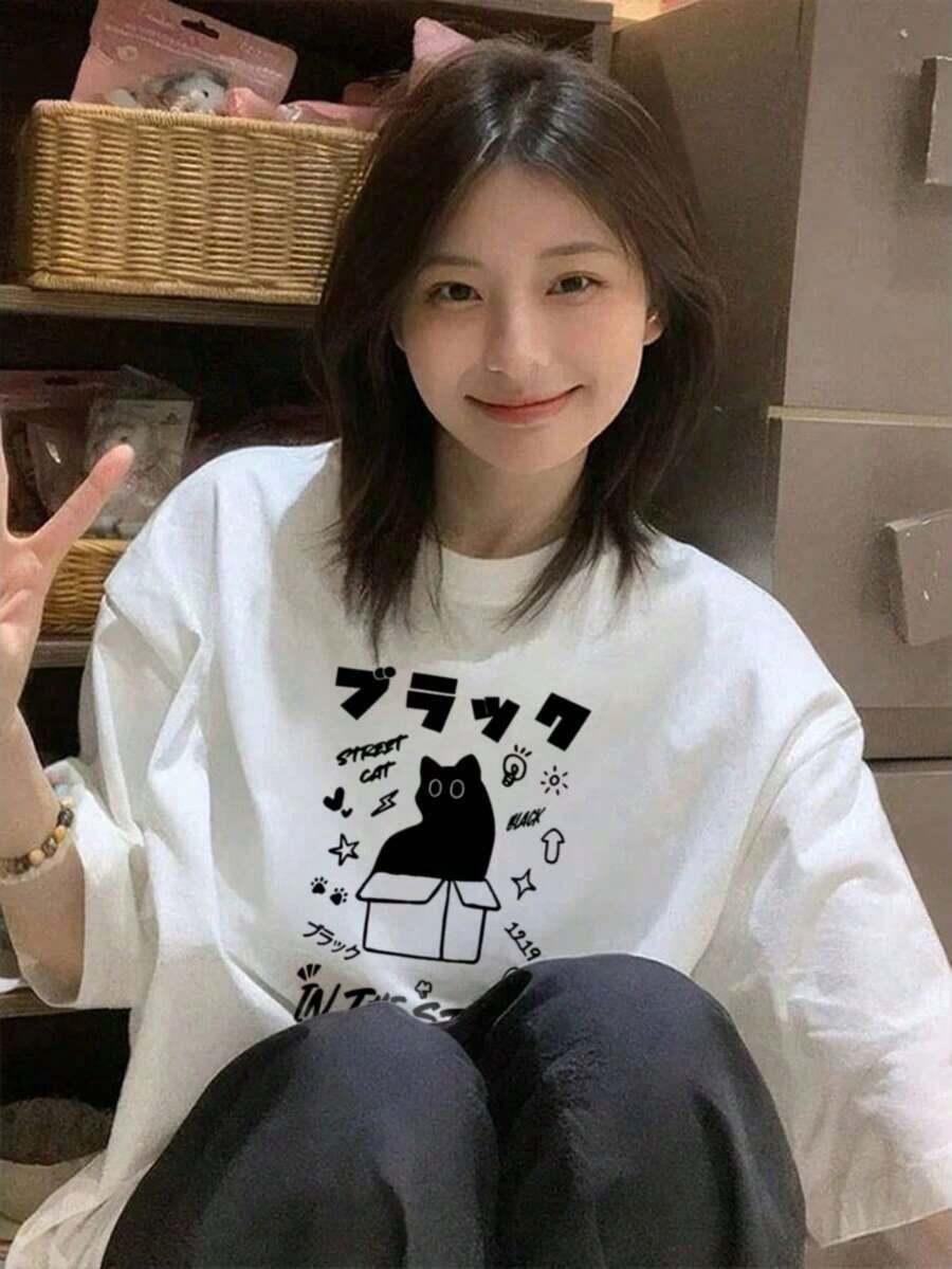 Nueva Camiseta de Verano para Mujer, Blanca Pura, con Estampado de Gato Japonés, Cuello Redondo, Casual, de Manga Corta para Adolescentes - Blanco - Ver 1