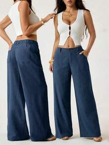 ZZL Women's Classic Lightweight Linen Palazzo Pants, Flowy Straight Wide Leg Summer Trousers, Beach Pants With Pockets, Casual Solid Color, Soft Elastic High Waist, Lounge Pants For Travel, Vacation, Dates, Brunch, Home, Work, Streetwear - 黑色 - 查看 4