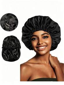 深紫色与浅紫色相间的纯色可调节双面缎面发帽，双层双面睡眠帽，带弹性绑带，大号丝滑夜间发套，保护卷发，柔软缎面头巾，女士 - 彩色 - 查看 7