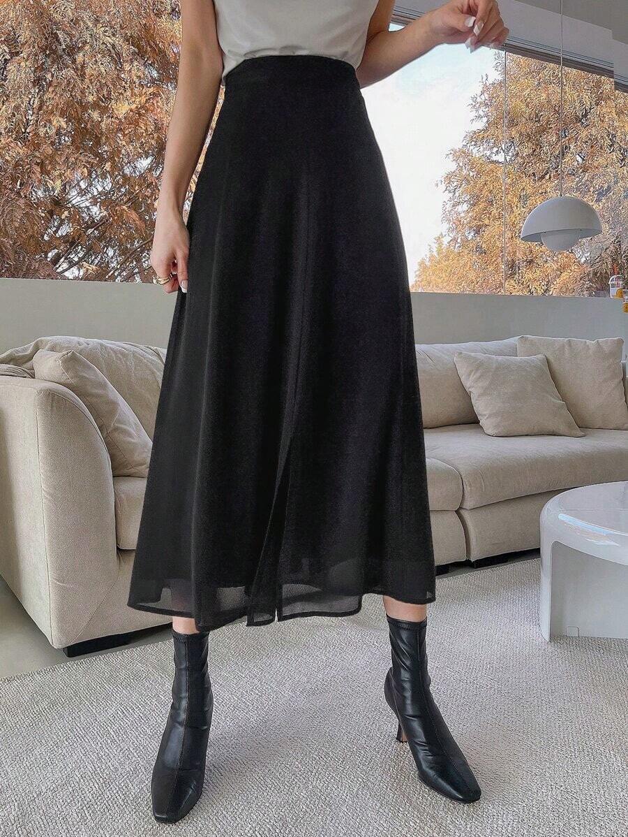 Falda sólida de cintura alta para uso diario de mujer, otoño - Negro - Ver 1