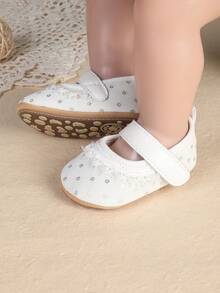 1 par de zapatos planos de princesa con encaje de unicolor, lindos y antideslizantes, para recién nacidos e infantes, adecuados para primavera y otoño - Blanco - Ver 3