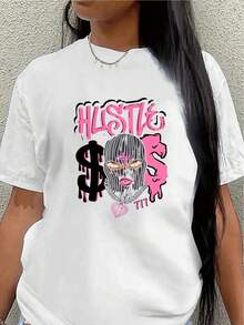 Short Sleeve T-Shirt With Hustle Graphic Design, Lightweight And For Casual Wear In Restaurant Or Home Settings, Featuring Bold Pink Print And Fashionable Style - White - View 7