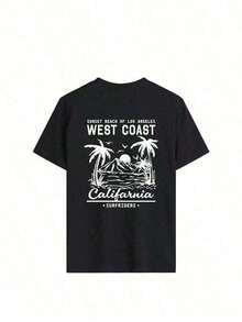Women's 100% Cotton T-Shirt With A Sun And Beach Print Of West California, Perfect For Summer, The Beach, Music Festivals, And Vacations. It Features A Retro American Graphic Design, Making It A Great Summer And Casual T-Shirt, Ideal For Women's Vacations, With A Fun And  Design. - 黑色 - 查看 3