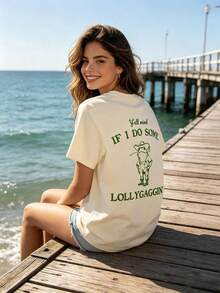 Can I Be A Little Lazy? Printed T-Shirt, Casual Short-Sleeved Top With Round Neck, Suitable For Spring And Summer Wear, Women's Summer Outfits, Women's Holiday Clothes, Women's Summer Clothes. - 杏色 - 查看 6