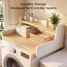 OMCHOM Washer Dryer Countertop Organizer With 2-Tier Shelf, Wood Laundry Room Storage Topper With Edge Guard Rails, Smooth Surface Laundry Space Organizer, Fits Most Standard Washers & Dryers, Laundry Essentials Holder For Bathroom, Mudroom - White + Natural Wood Color - View 3
