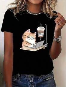 Soft Women's Casual Short Sleeve T-Shirt: Cute Cat And Coffee Print, Soft Stretch Fabric, Crew Neck, Machine Washable, Year-Round Comfort For Everyday Wear And Gym Sessions, Workout Shirts, Relaxed Fit Top. New Summer Women's T-Shirt, Casual And Comfortable Crew Neck Top - 黑色 - 查看 1