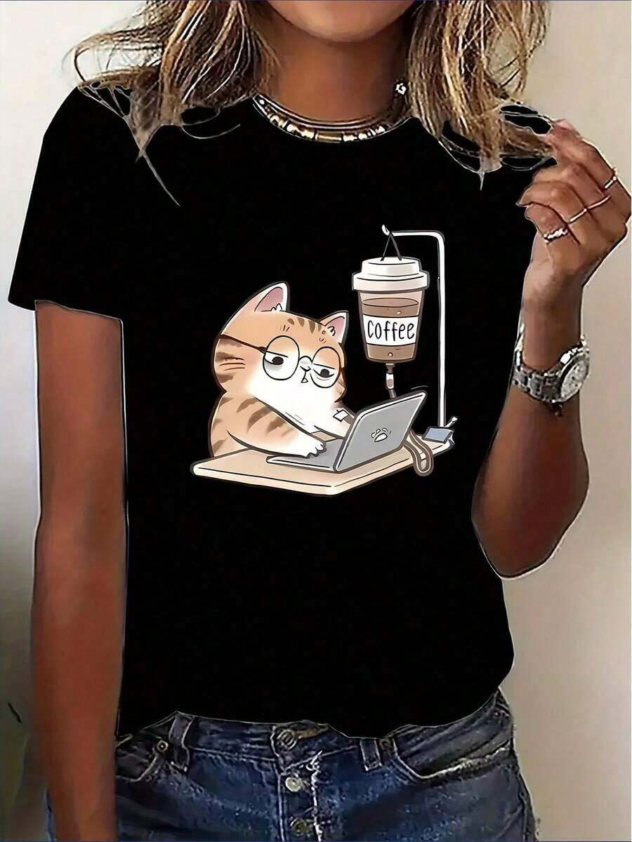 Soft Women's Casual Short Sleeve T-Shirt: Cute Cat And Coffee Print, Soft Stretch Fabric, Crew Neck, Machine Washable, Year-Round Comfort For Everyday Wear And Gym Sessions, Workout Shirts, Relaxed Fit Top. New Summer Women's T-Shirt, Casual And Comfortable Crew Neck Top - 黑色 - 查看 1
