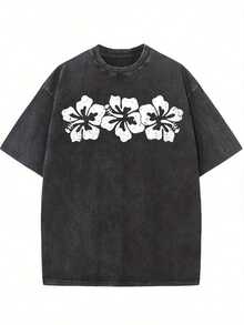 Yunove Unisex 230g Loose Fit Washed T-Shirt For Men & Women - Vintage Hibiscus Floral Print, Relaxed Fit Crew Neck T-Shirt In Heather Grey, Breathable Unisex Summer T-Shirt For Men And Women, Plus Size Casual Beachwear, Machine Washable, Gift, Beach T-Shirt, Soft Texture Clothing Suitable For All Seasons, The Perfect Gift For Him. - 黑色 - 查看 6