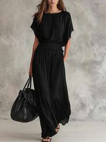 Vestido largo de gasa con cintura fruncida, elegante y refinado, nueva moda europea verano 2026 para mujer - Negro - Ver 1