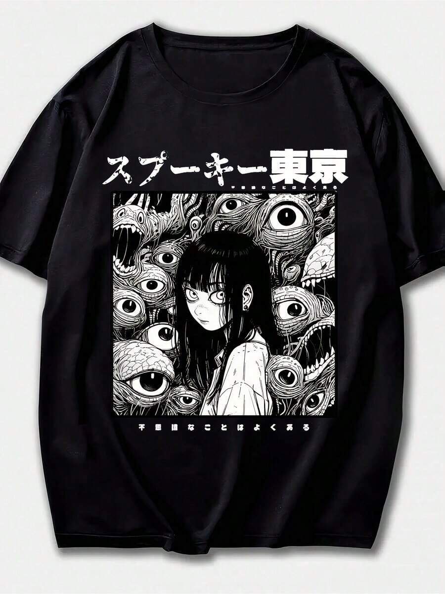 Camiseta con Estampado Gráfico, Manga Corta, Cuello Redondo, Top Casual para Verano y Primavera, Ropa de Mujer | Diseño exquisito | Suelto y cómodo | Fácil de combinar | - Negro - Ver 1