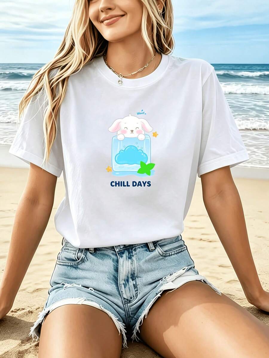 Camiseta Deportiva Casual para Mujer con Gráfico de Conejito de Caricatura y Texto Días Relajados - Camiseta Blanca Elástica de Cuello Redondo, Lavable aáquina, Ajuste Cómodo y para Todas las Estaciones, Prenda Versátil para un Look Relajado y Divertido. - Blanco - Ver 1