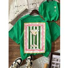 Camiseta Gráfica Casual de Manga Corta con Cuello Redondo para Mujer, Estampado 'Dirty Martini Lover', Adecuada para Vacaciones de Verano y Playa. Camiseta Gráfica Vintage Y2K, Corte Holgado Casual, Estilo Streetwear, Algodón Suave y Transpirable, Ropa de Playa de Verano. - Verde - Ver 5