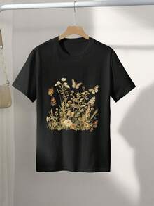 Graphic Print T-Shirt, Short Sleeves, Round Neck, Casual Top For Summer And Spring, Women's Clothing, Women's Winter Clothing - 黑色 - 查看 3