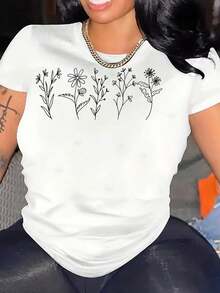 Camiseta con Diseño Floral de Arte Lineal Inspirado en la Naturaleza para Primavera y Verano, Ropa Casual para Exteriores - Blanco - Ver 2