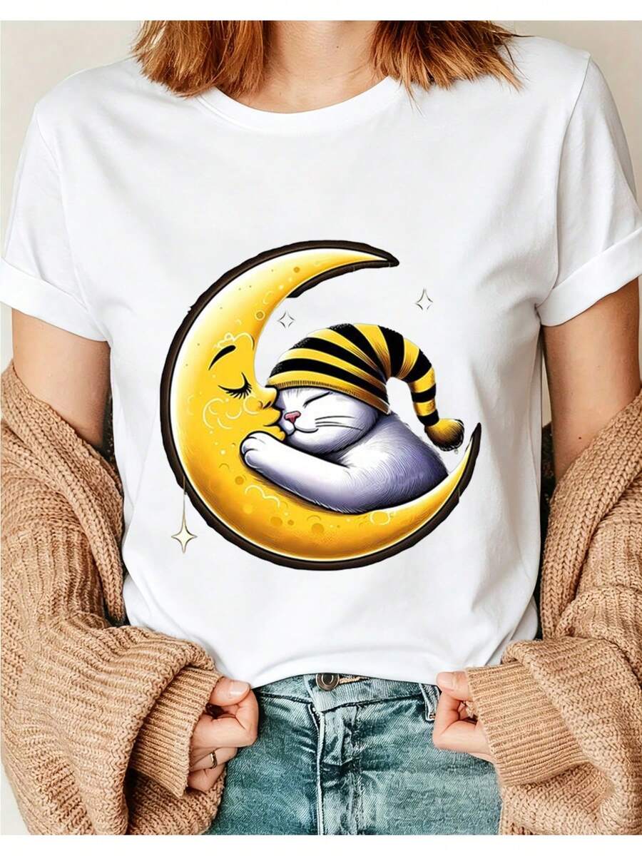 Women's T-Shirt Unique And Creative Design Graphic T-Shirt With Cat And Moon Pattern For Women, Fashionable For All Seasons, Casual, Comfortable, Popular, Soft, For Daily Outdoor Activities Pixianai01, Short Sleeve Top With Round Neck, Suitable For All Seasons. - 白色 - 查看 1
