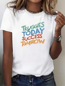 Women's Casual Blouse, Simple Style For Everyday Wear, T-Shirt With The Phrase "Today's Efforts, Tomorrow's Success"! 180g T-Shirt -- Perfect Gift For Men's Parties And Christmas | The Best Choice For Family Gatherings And Team-Building Activities Is The Cozy Soft Simple Everyday Wear Short-Sleeved T-Shirt. - 白色 - 查看 7