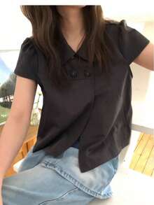 新品女款優雅日系雙排扣彼得潘領短袖襯衫，春/夏 - 黑色 - 查看 4
