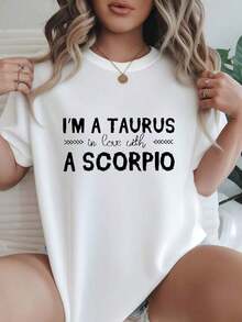 Camiseta de Mujer 2026, Corte Holgado Casual, Opciones en Blanco y Negro, Estampado 'Tauro Enamorado de Escorpio', Camiseta Gráfica con Frases Divertidas, Camisetas para Uso Diario, Tops de Verano, Camisetas Gráficas, Conjuntos de Verano, Camisetas Cortas para Mujer, Blusas para Mujer Casuales, Ropa Linda de Algodón Vintage para Mujer - Blanco - Ver 1