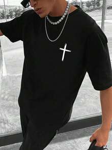 Camiseta de poliéster negra para hombre con elegante estampado de cruz - casual, cómoda y transpirable, esencial para el verano, adecuada para uso diario, camiseta de verano. - Negro - Ver 1