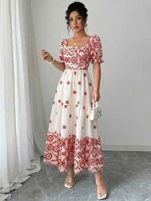 xheElenzga Vestido casual/de trabajo de manga corta con cuello cuadrado y cintura ceñida en línea A con estampado para mujerxhe - Rojo - Ver 5