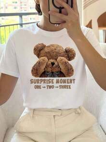 Camiseta de manga corta con cuello redondo y estampado de oso de peluche, top de verano para mujer. Transpirable y cómoda. - Blanco - Ver 11