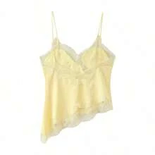 2026 MUMRAP Women's Solid Color Contrast Lace Asymmetric Sleeveless Tank Top, Elegant Loose Backless Casual Summer Top - 黃色 - 查看 5