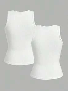 2 piezas de camiseta de tirantes de mujer de ajuste ceñido con estampado minimalista de letras de California en negro y blanco - 95% algodón, para primavera y verano, uso en todas las estaciones, vuelta al colegio, ropa de casa y deporte, estilo re - Blanco - Ver 9
