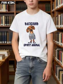 Tween Boy Summer Casual Comfort Fit T-Shirt With Dachshund Print - Short Sleeve Round Neck Boys' Tee, Perfect For Spring/Summer. Ideal Gift For Animal Lovers, Soft And Breathable, Unisex Oversized Design, Cool Preppy Style, Streetwear, Loose Fitting Youth T-Shirts, And Pattern Series, Suitable For Leisure, Vacation, Sport, Formal Events, Birthday Party, And Festivals - White - View 5