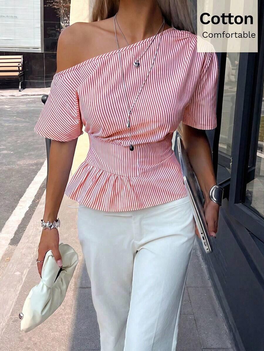 Camisa de mujer de algodón con rayas a la cintura, nueva llegada de primavera/verano - Rojo y blanco - Ver 1