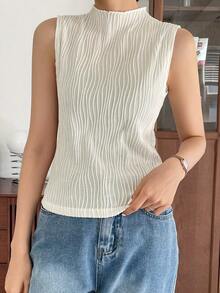 Blusas de tirantes de cuello alto de verano de tela con textura uniforme, casuales pero elegantes - Beis - Ver 10