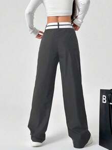Pantalones rectos casuales para mujeres con bolsillos y cintura asimétrica en bloque de color - Gris - Ver 2